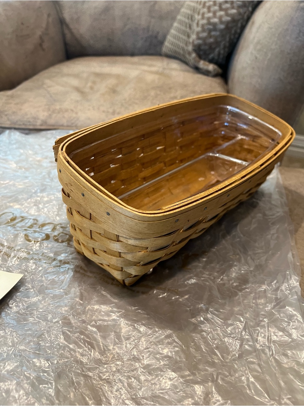 Longaberger Natural Brown Woven Rectangle Basket with Clear Liner